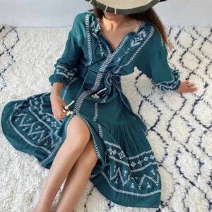 Zara Teal Boho Embroidered Midi Dress